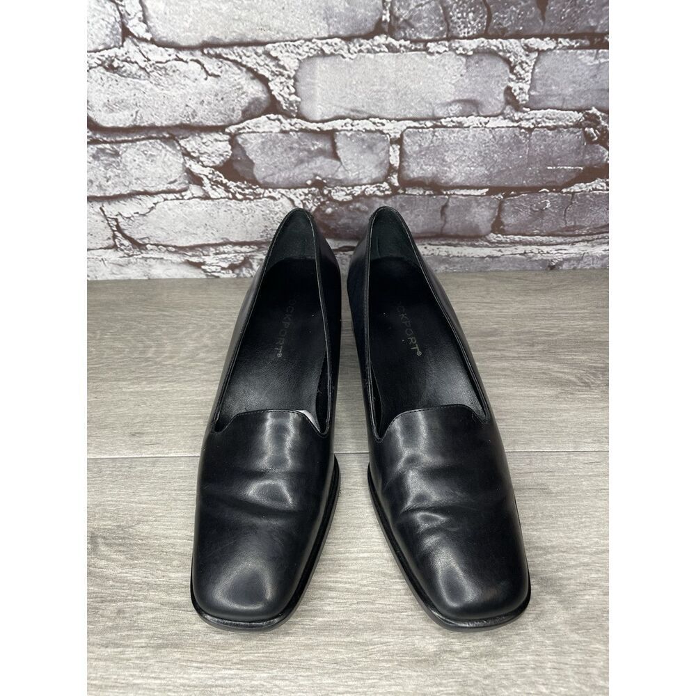 Rockport Black Leather Square Toe Casual Heel Shoes Women Sz 8.5m Us/39eu Brazil
